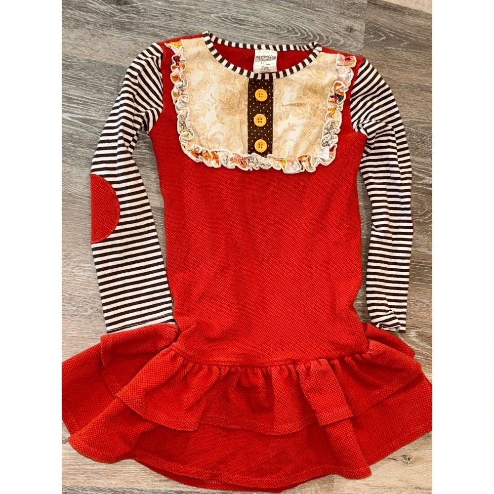 Persnickety red and brown long-sleeve fall ruffle dress